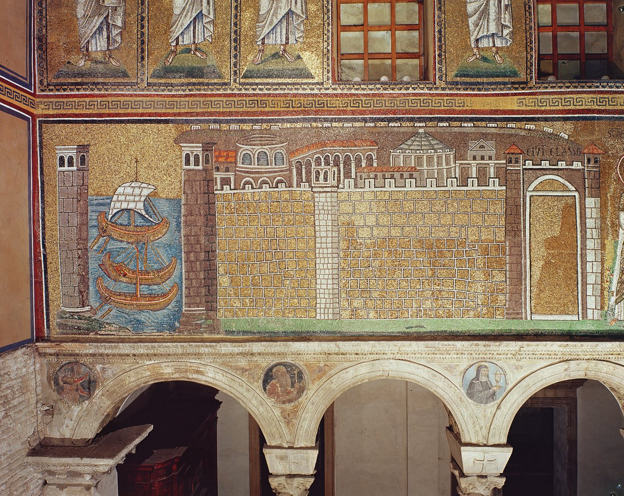 A frota no porto de Ravenna, 535-38 AD (mosaico) de Byzantine School