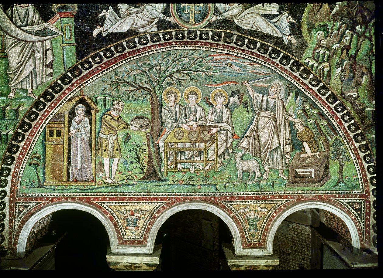 A hospitalidade de Abraão e o sacrifício de Isaac, séc. VI (mosaico) de Byzantine School