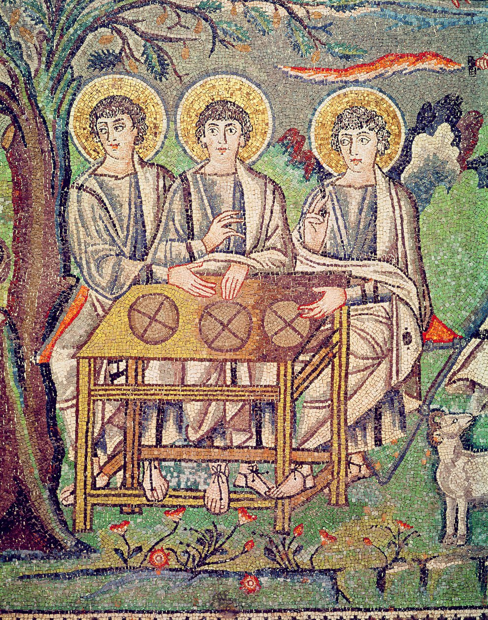 Os Três Anjos, detalhe da Hospitalidade de Abraão e o Sacrifício de Isaac, do século VI (mosaico) (ver 154709) de Byzantine School