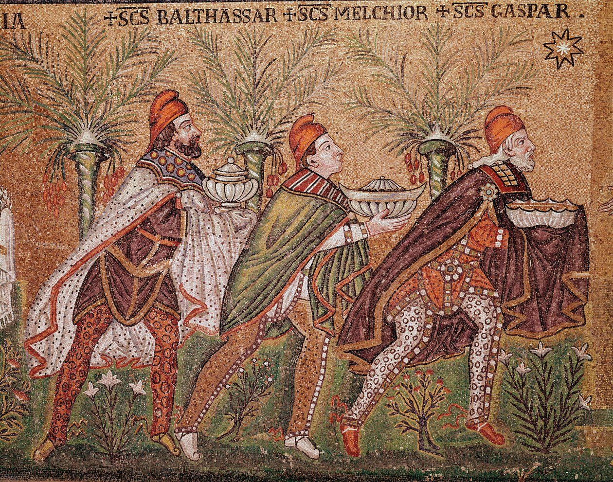 A adoração dos Reis Magos (Pormenor de mosaico, século VI) de Byzantine School
