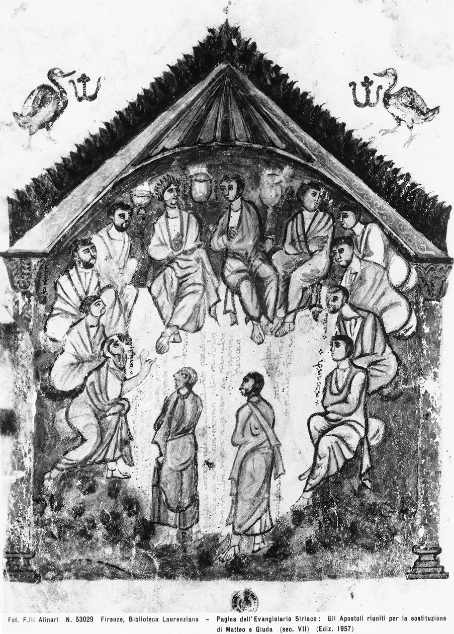 Os apóstolos reunidos para a substituição de Judas por Mattias, fólio dos Evangelhos de Rabula, 586 d.C. (tempera on vellum) de Byzantine School