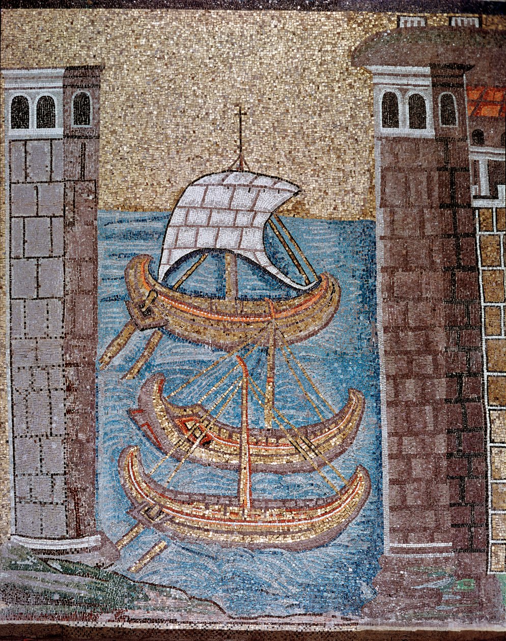 Vista dos barcos no porto de Classe (Detalhe dos mosaicos, século VI) de Byzantine School