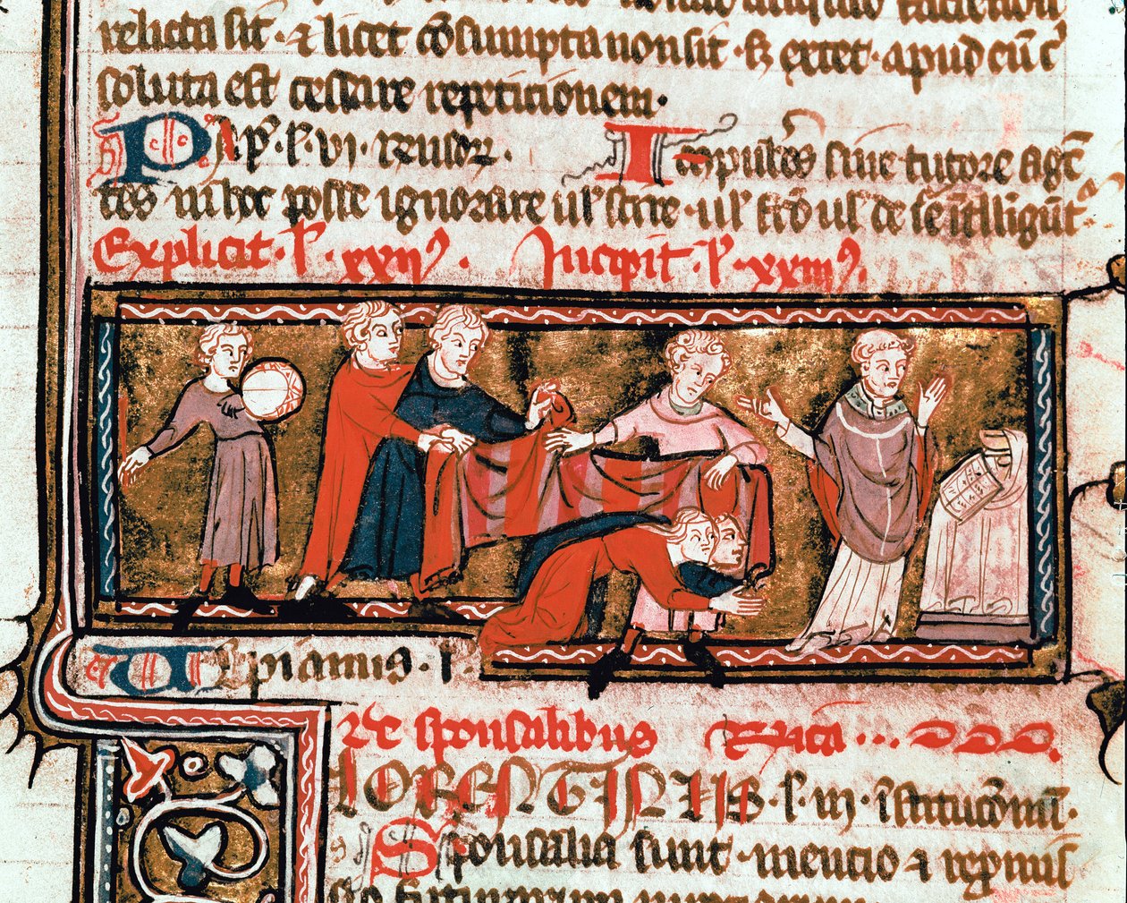 Cena de casamento, os cônjuges estão cobertos com um pano, símbolo da sua união Miniatura extraída do Código Justiniano (Codex Justinianus), uma coleção de leis e instituições redigidas pelo imperador romano Justiniano I de Bizâncio (483-565) ms. 824 Mila de Byzantine School