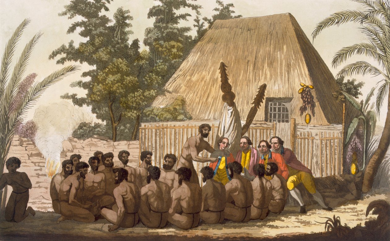 Uma oferta perante o Capitão Cook, reconhecendo-o como uma encarnação do deus Lomo, em janeiro de 1779, gravado por Angelo Biasioli de C. Bottigella