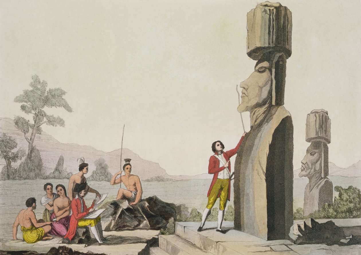 Monumento à Ilha, da visita do Capitão Cook à Ilha de Páscoa (gravura a cores) de C. Bottigella