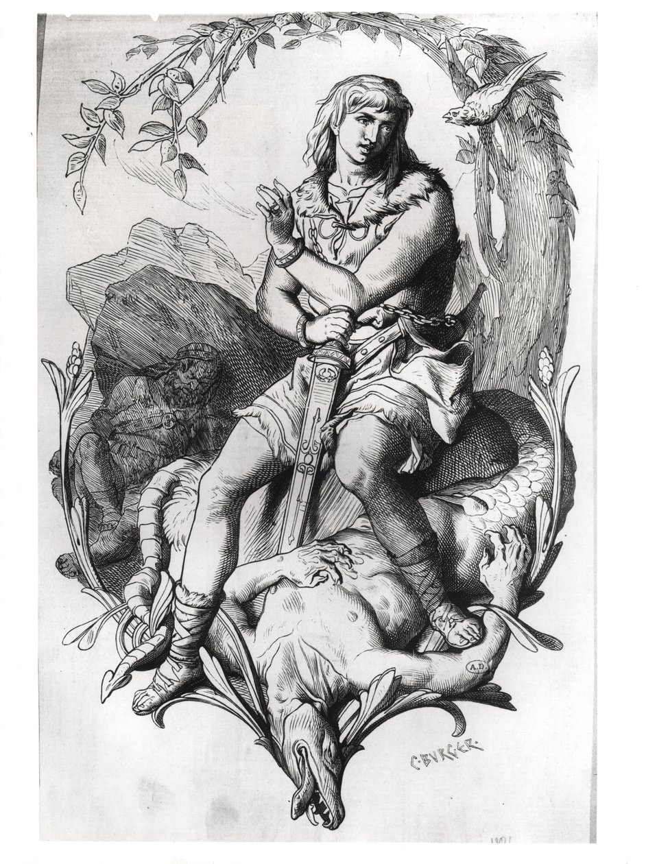 Siegfried e o dragão com o pássaro mágico de C. Burger