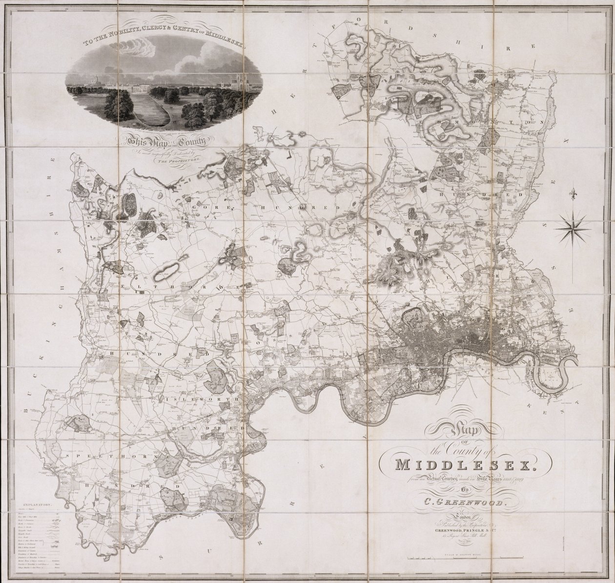 Mapa do Condado de Middlesex, publicado em 1819 (impresso) de C. Greenwood