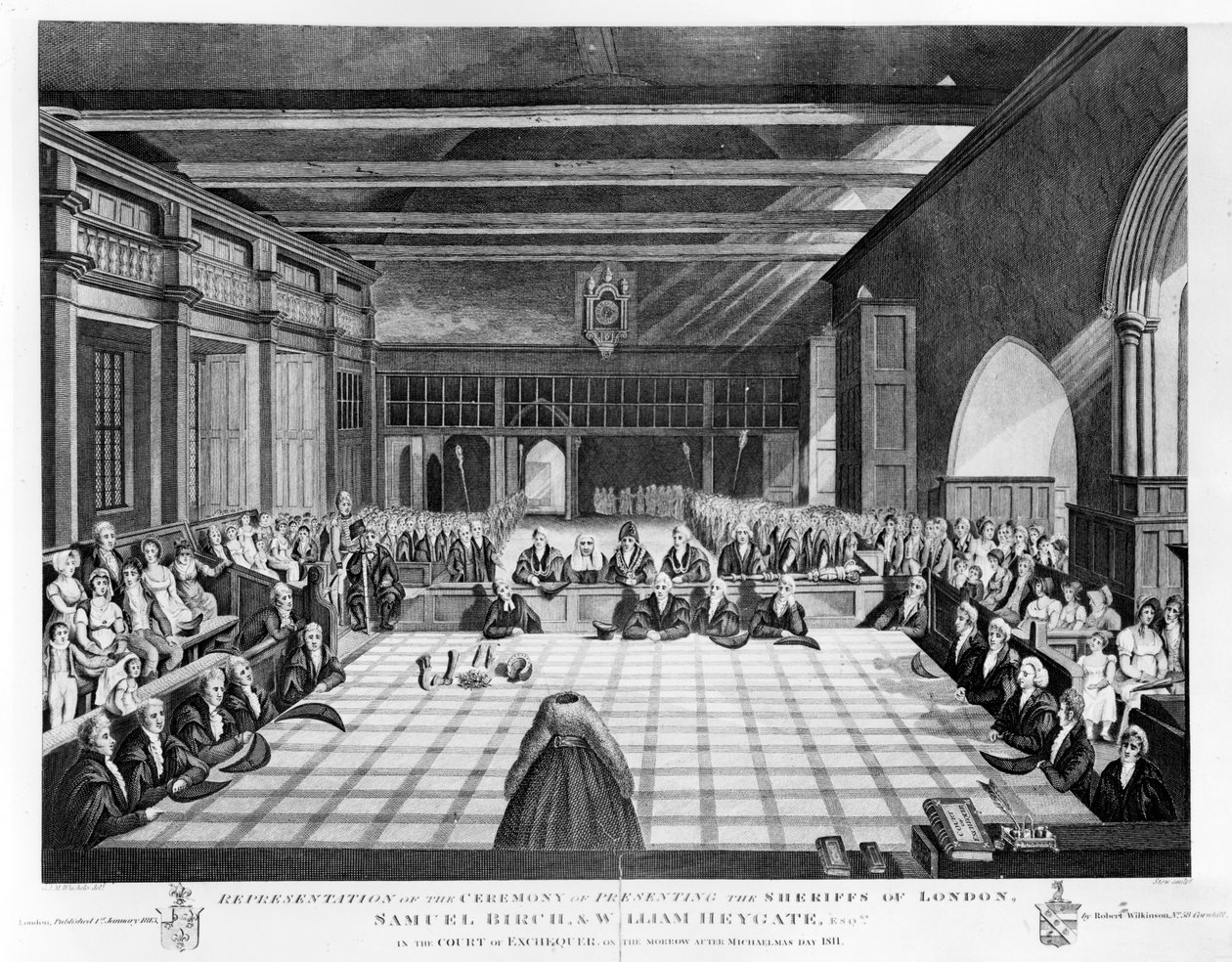 Representação da Cerimônia de Apresentação dos Xerifes de Londres, Samuel Birch e William Heygate Esqs. no Tribunal do Tesouro, no dia seguinte a Michaelmas, dia 1811, impressão feita por James S de C. John Mayle Whichelo