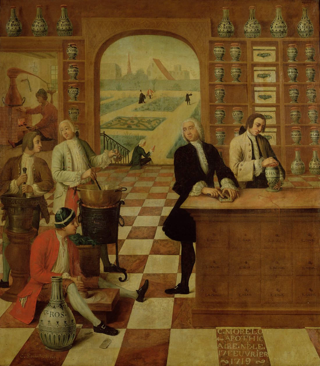 O Boticário C. Morelot (b.17 fevereiro 1719) em sua farmácia, 1751 de C. Souville