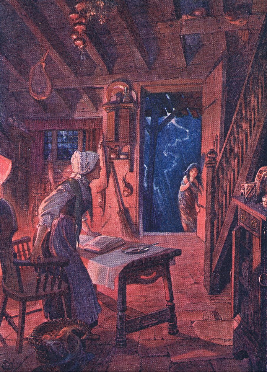 A porta se abriu e, no limiar, a mulher assustada viu uma menina, do pub The Child of the Air.by Duckworth, 1910 de C. Wilhelm