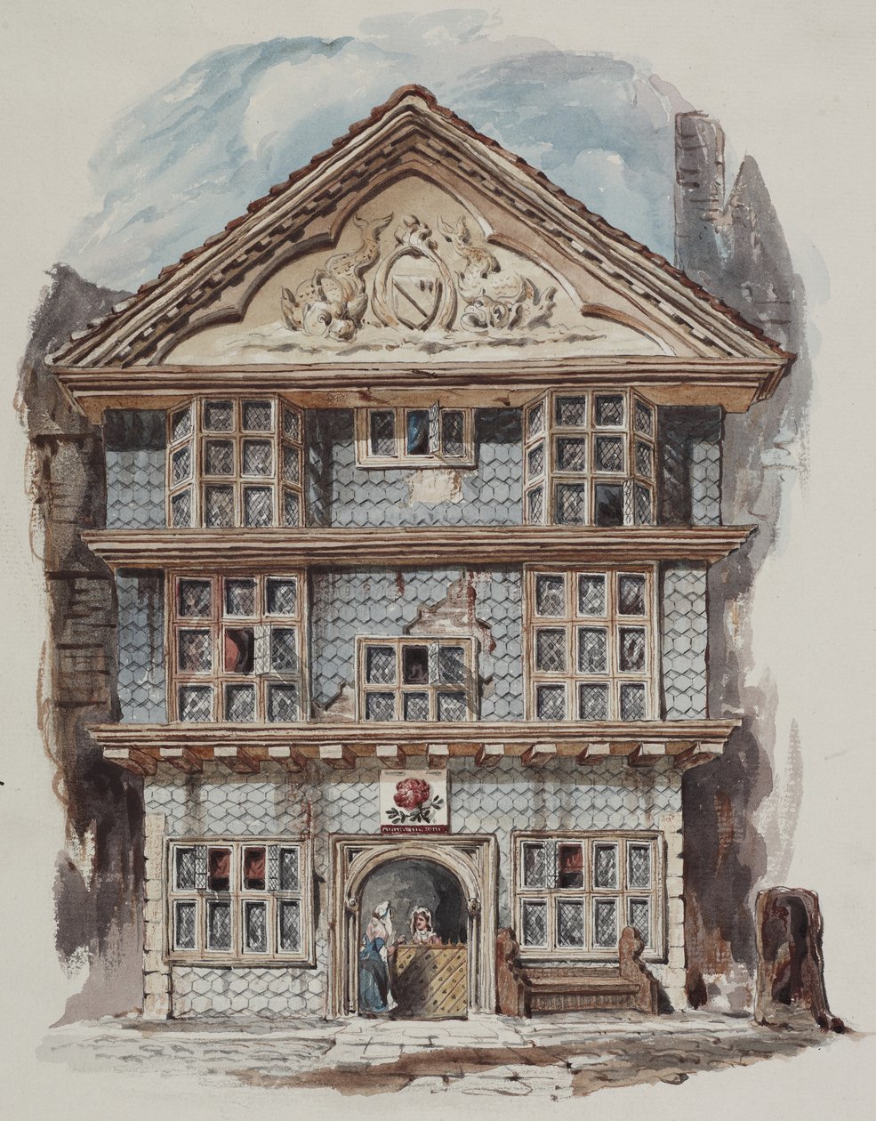 Vista retrospectiva da Rose Tavern, Fenchurch Street em 1730, c.1805 (wc em papel de C. Williams