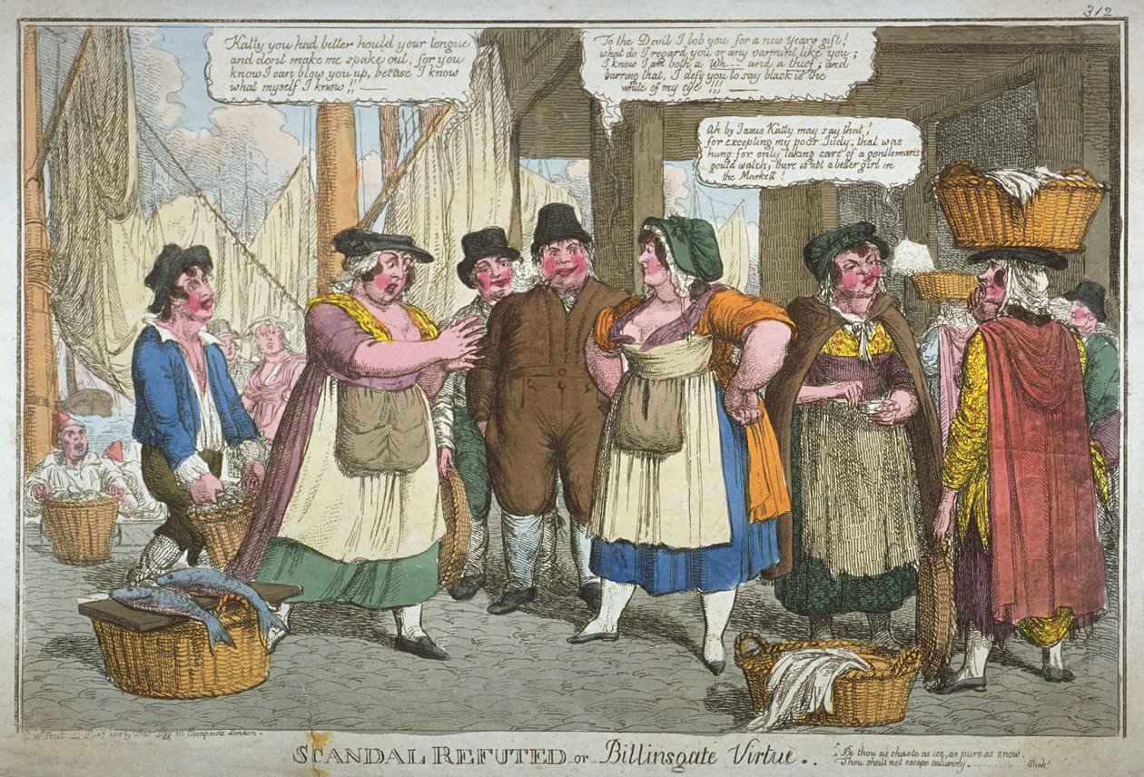 "Escândalo refutado, ou virtude de Billingsgate", 1818 (gravura à mão colorida) de C. Williams