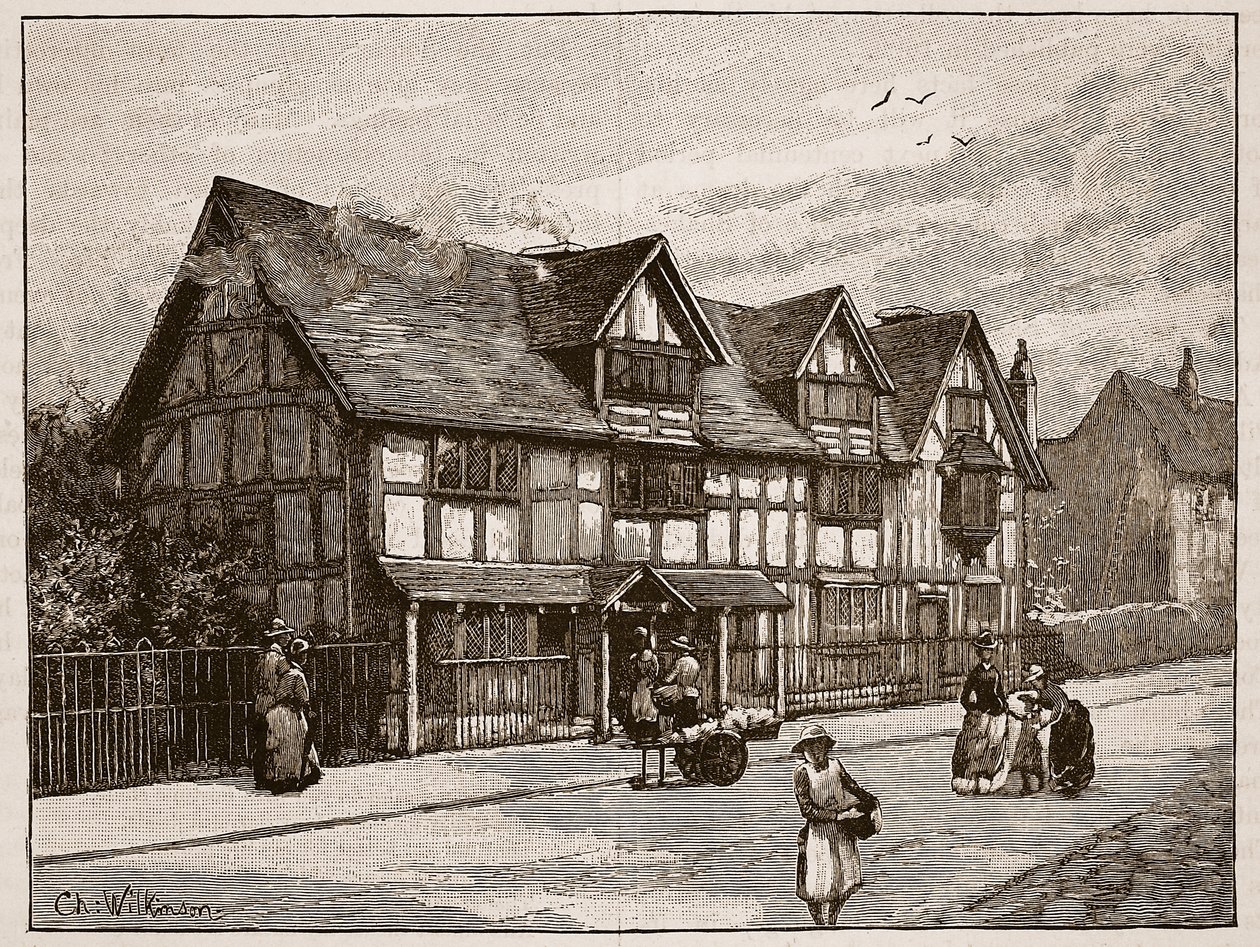 A casa em Stratford-on-Avon, onde Shakespeare nasceu, ilustração de "História Ilustrada de Cassell da Inglaterra" (foto em sépia) de C.A. Wilkinson