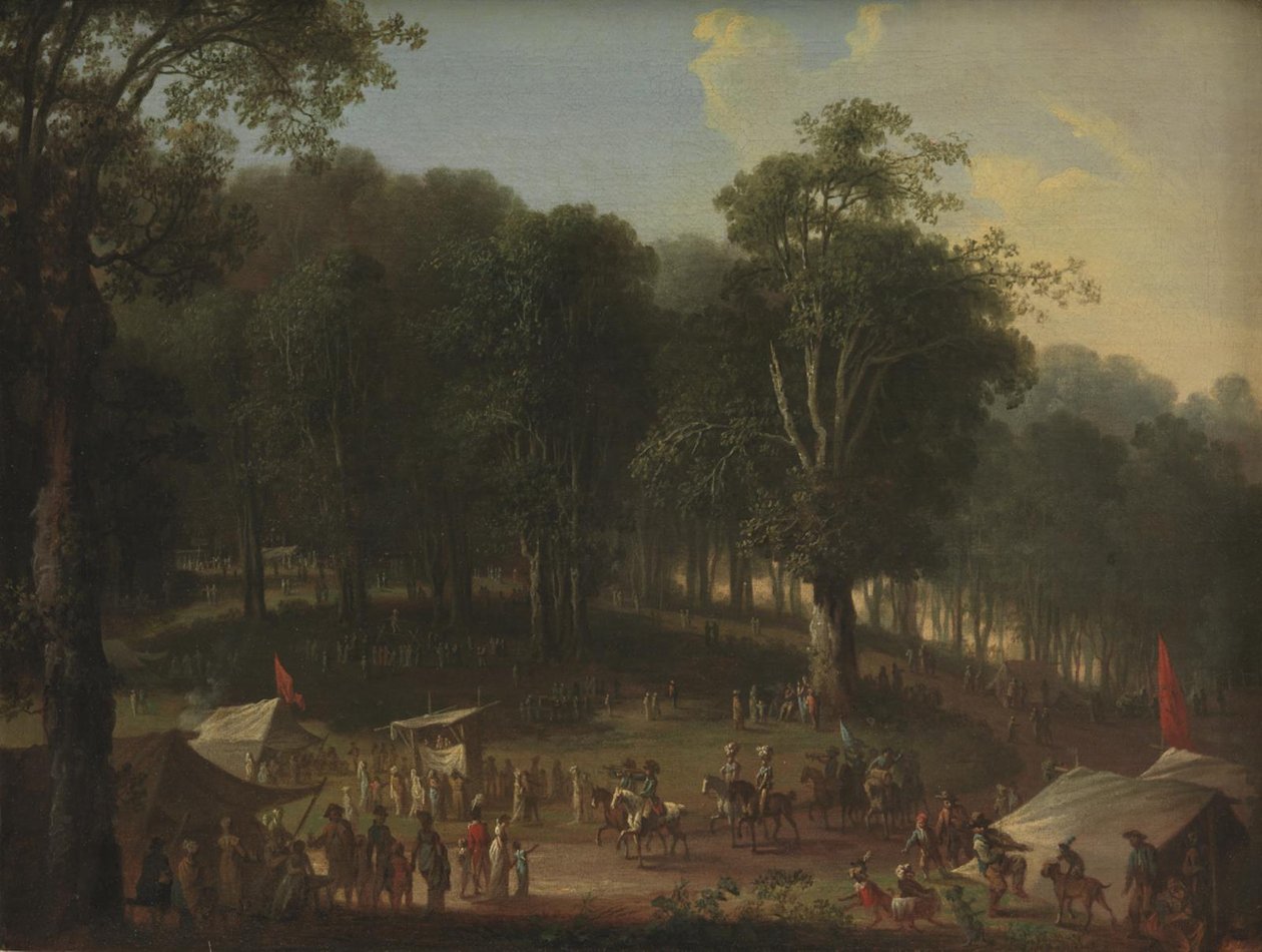 Uma trupe de artistas chegando à feira em Dyrehavsbakken, perto do Deer Park, ao norte de Copenhague de C.A. Lorentzen