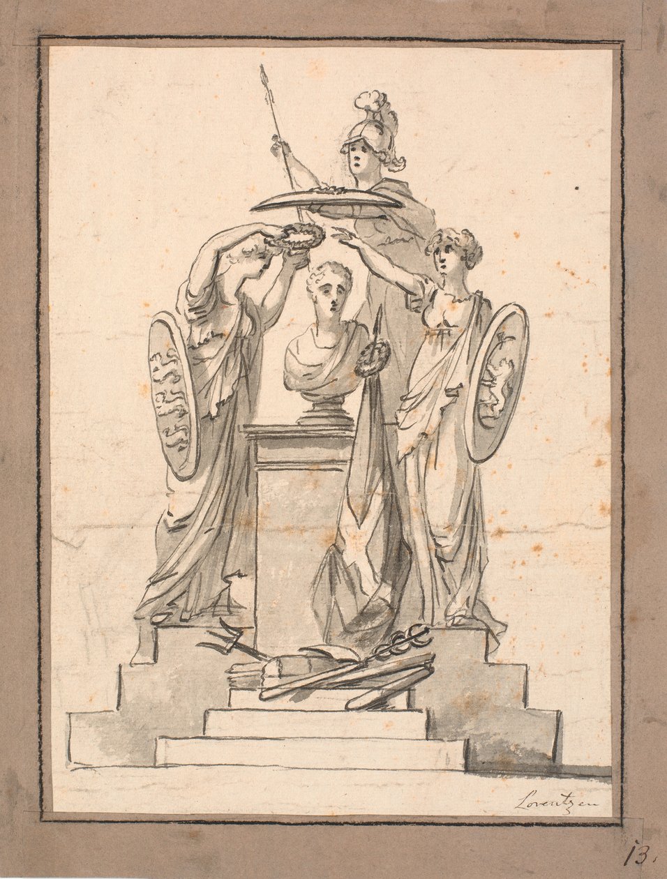 Um busto (Fr. VI?) é coroado por três mulheres com brasões de C.A. Lorentzen
