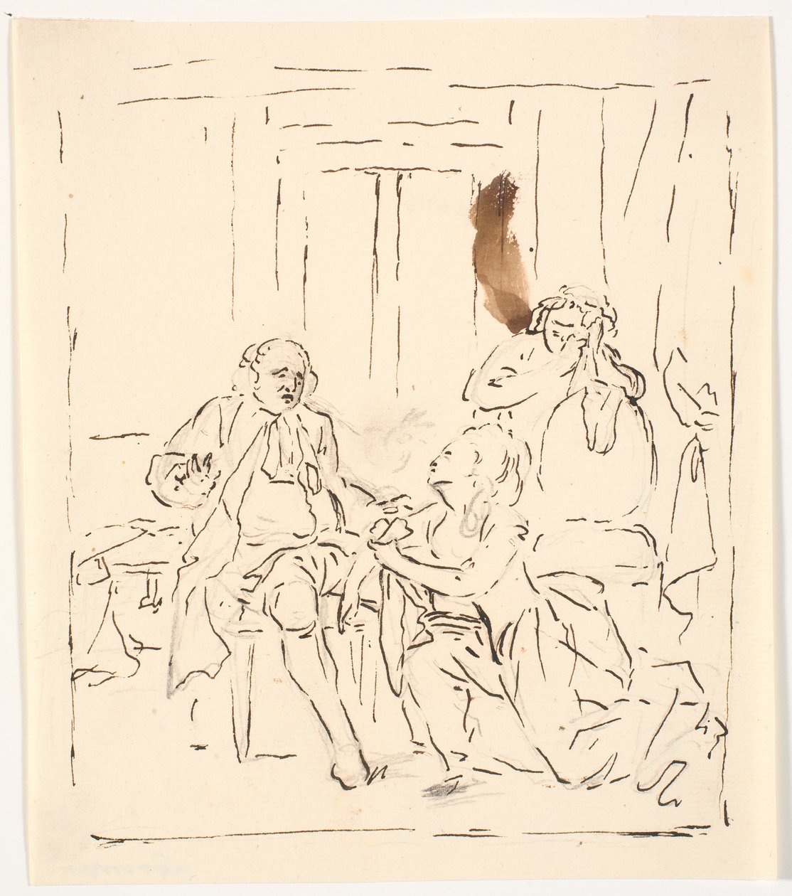 Uma mulher se ajoelha diante de um homem sentado. Ao fundo, uma mulher chorando apoiada em uma cadeira. Cena de teatro? de C.A. Lorentzen