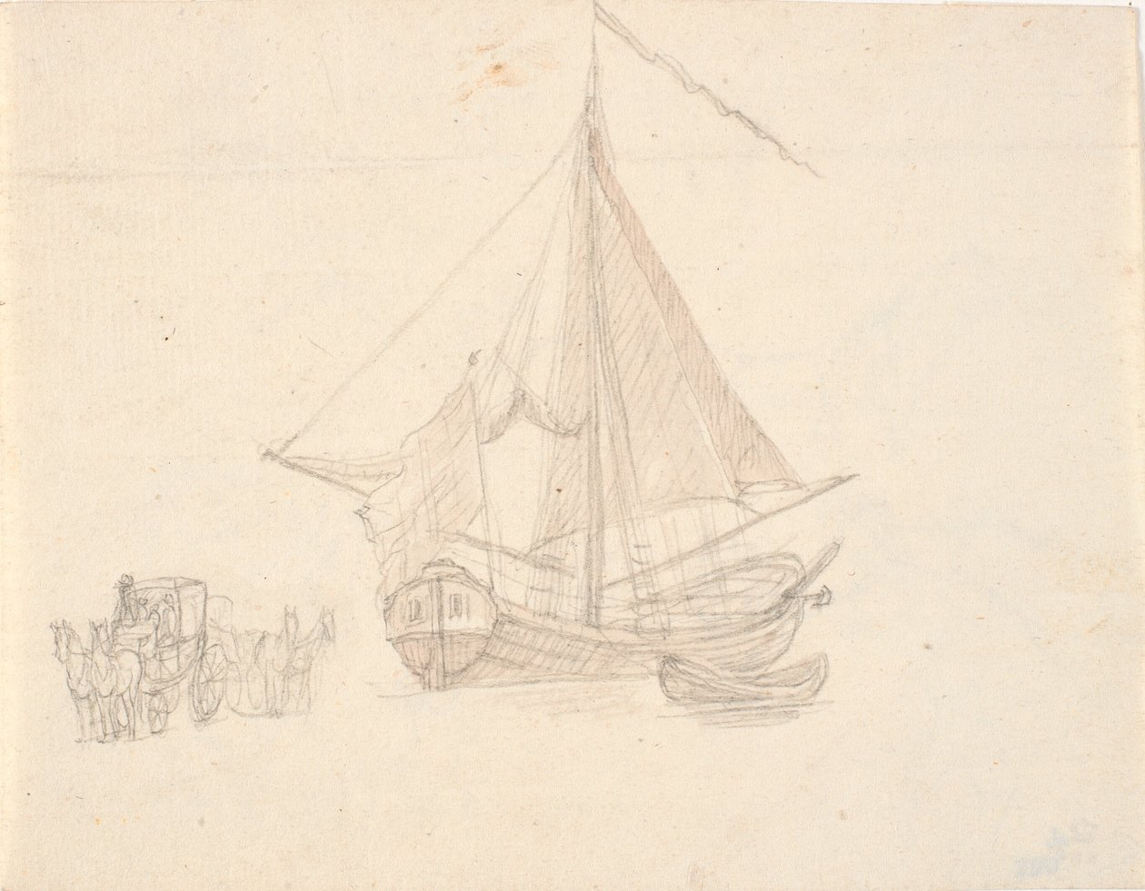 Um navio com velas e galhardete e um bote. televisão duas carruagens de cavalos de C.A. Lorentzen