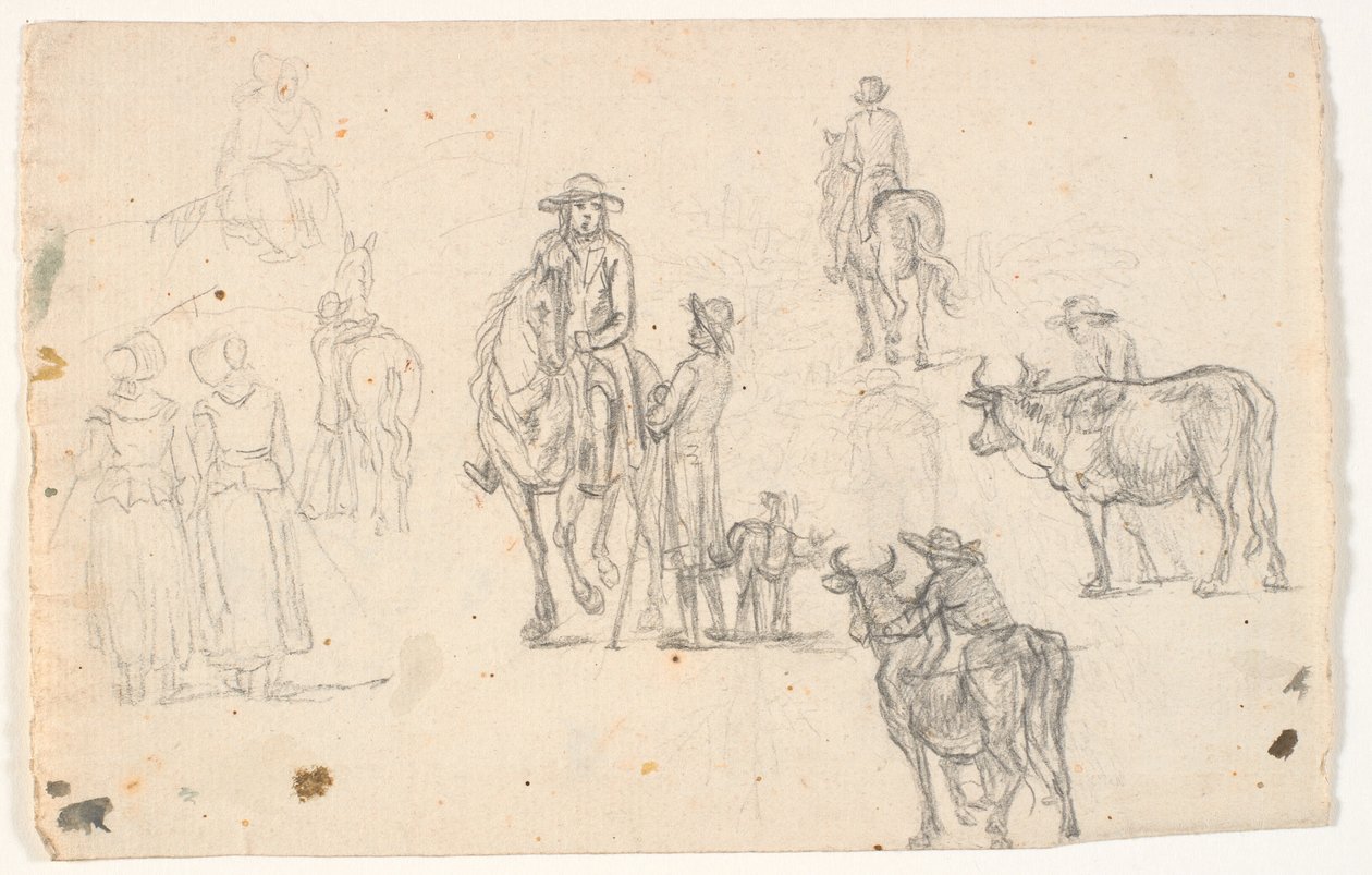 Esboços com fazendeiros, cavalos e vacas de C.A. Lorentzen