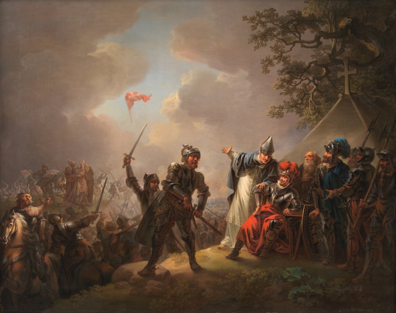 A lenda da bandeira dinamarquesa (o Dannebrog) caindo dos céus durante a Batalha de Lyndanisse (Tallinn) na Estônia em 1219 de C.A. Lorentzen