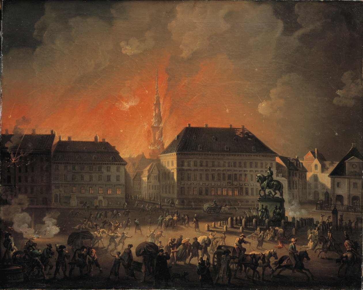 A Noite Mais Terrível. Vista de Kongens Nytorv em Copenhague durante o bombardeio inglês de Copenhague à noite entre 4 e 5 de setembro de 1807 de C.A. Lorentzen