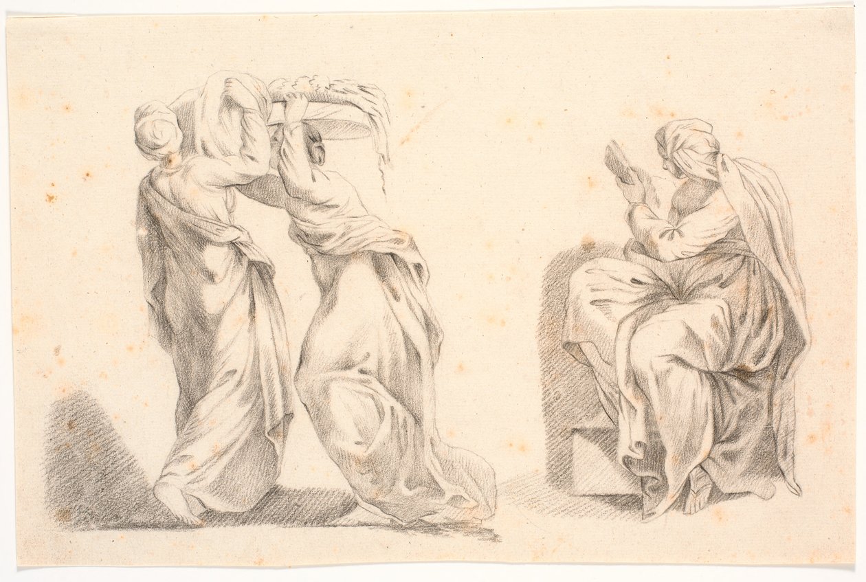 Duas mulheres em vestes clássicas carregando uma cesta e uma sibila depois de Michelangelo de C.A. Lorentzen