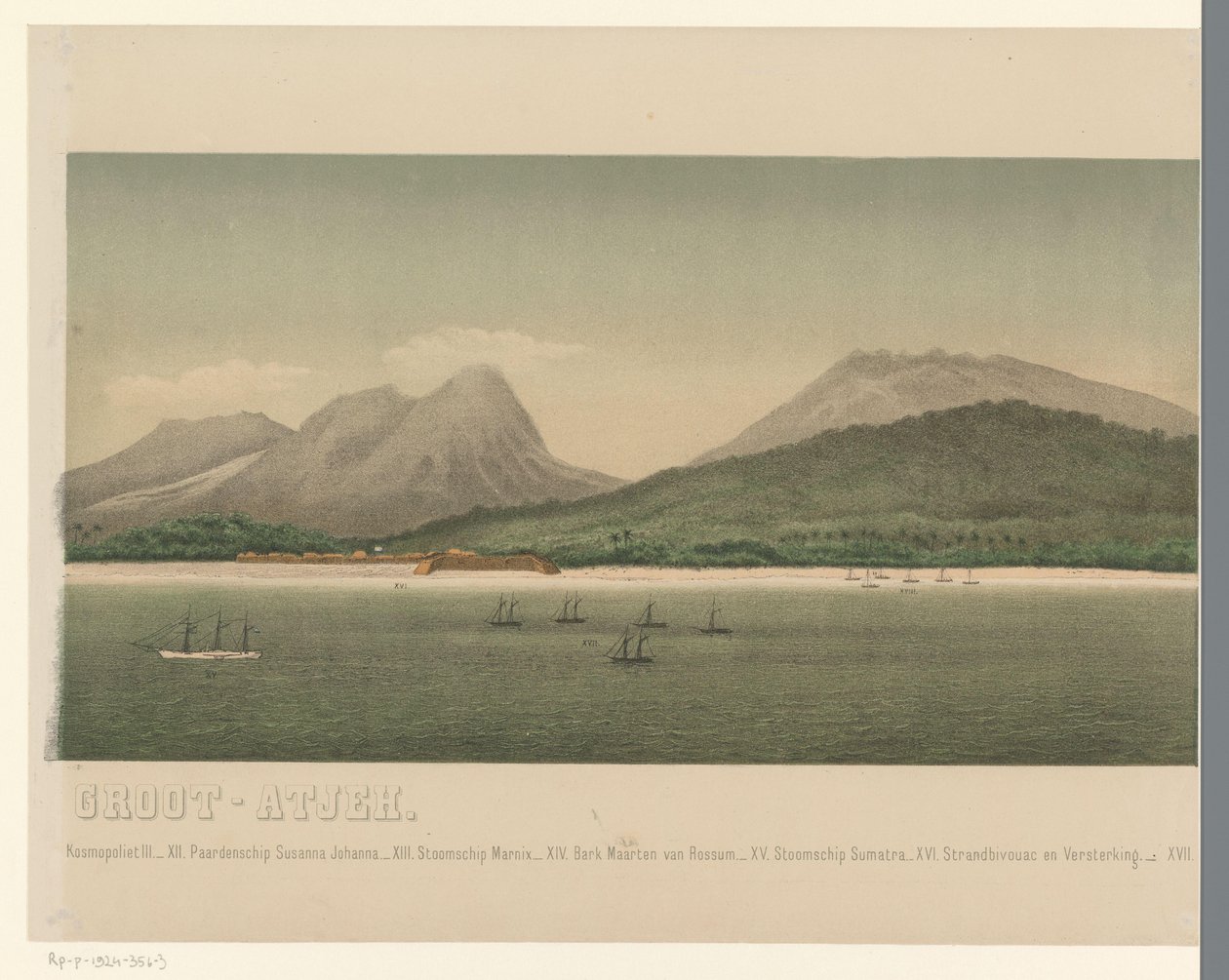 Vista da costa da Grande Aceh, com a frota da primeira expedição de Aceh ao largo da costa, parte três The Greater Aceh Road (título no objeto) de C.A. Whitten