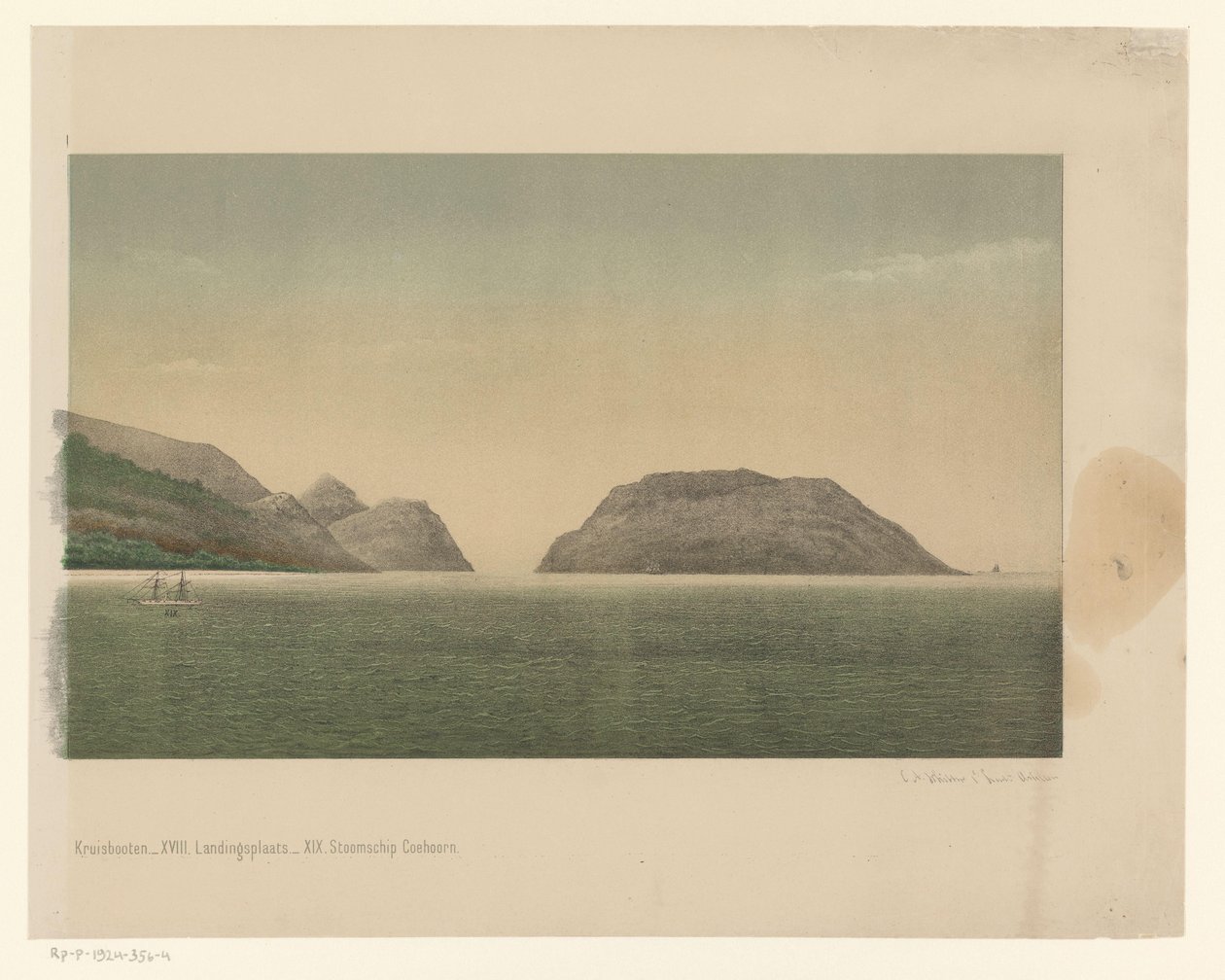 Vista da costa da Grande Aceh, com a frota da primeira expedição de Aceh ao largo da costa, parte quatro The Greater Aceh Road (título no objeto) de C.A. Whitten