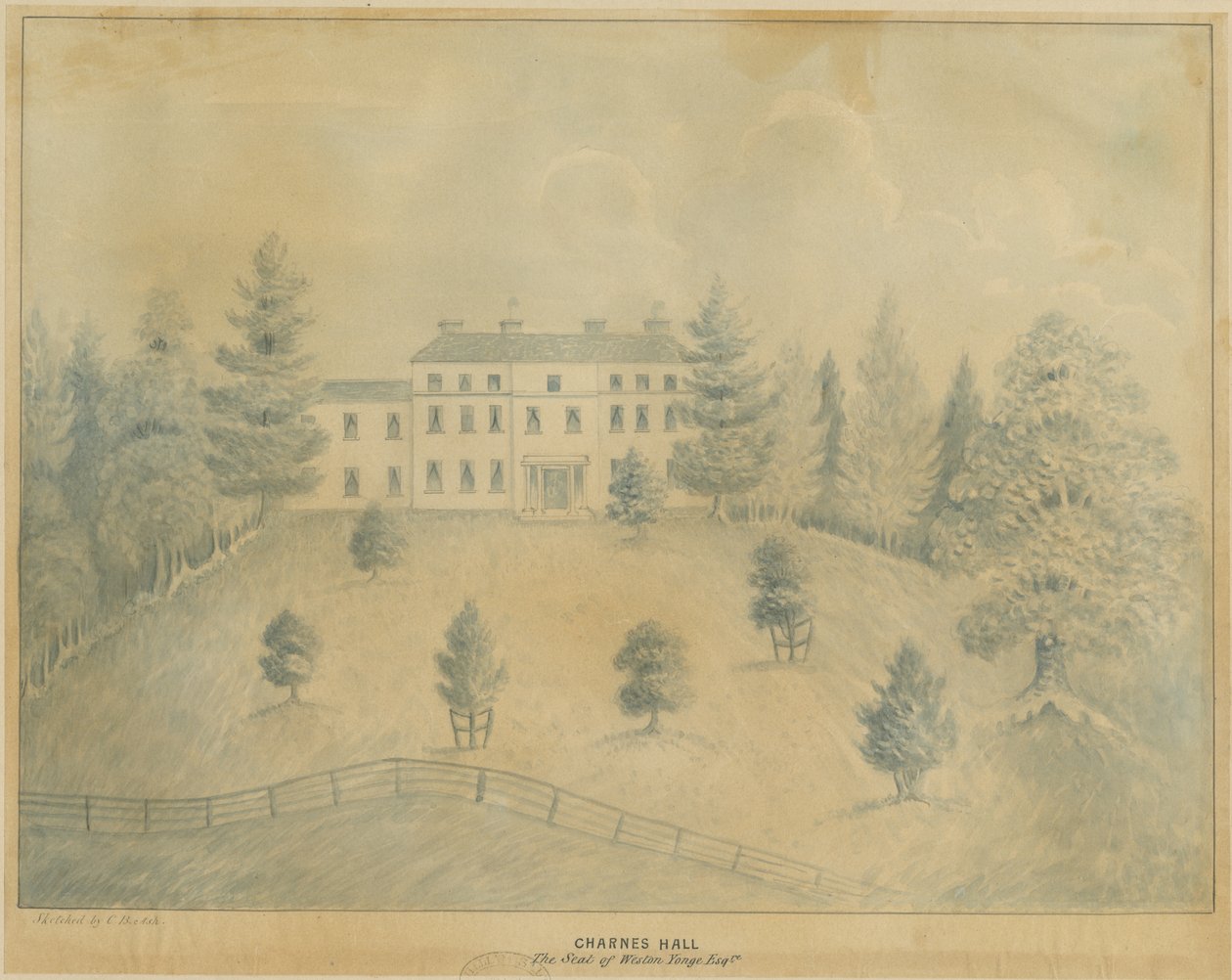 Charnes Hall: desenho a lápis e lavagem, séc. de C.B Ash