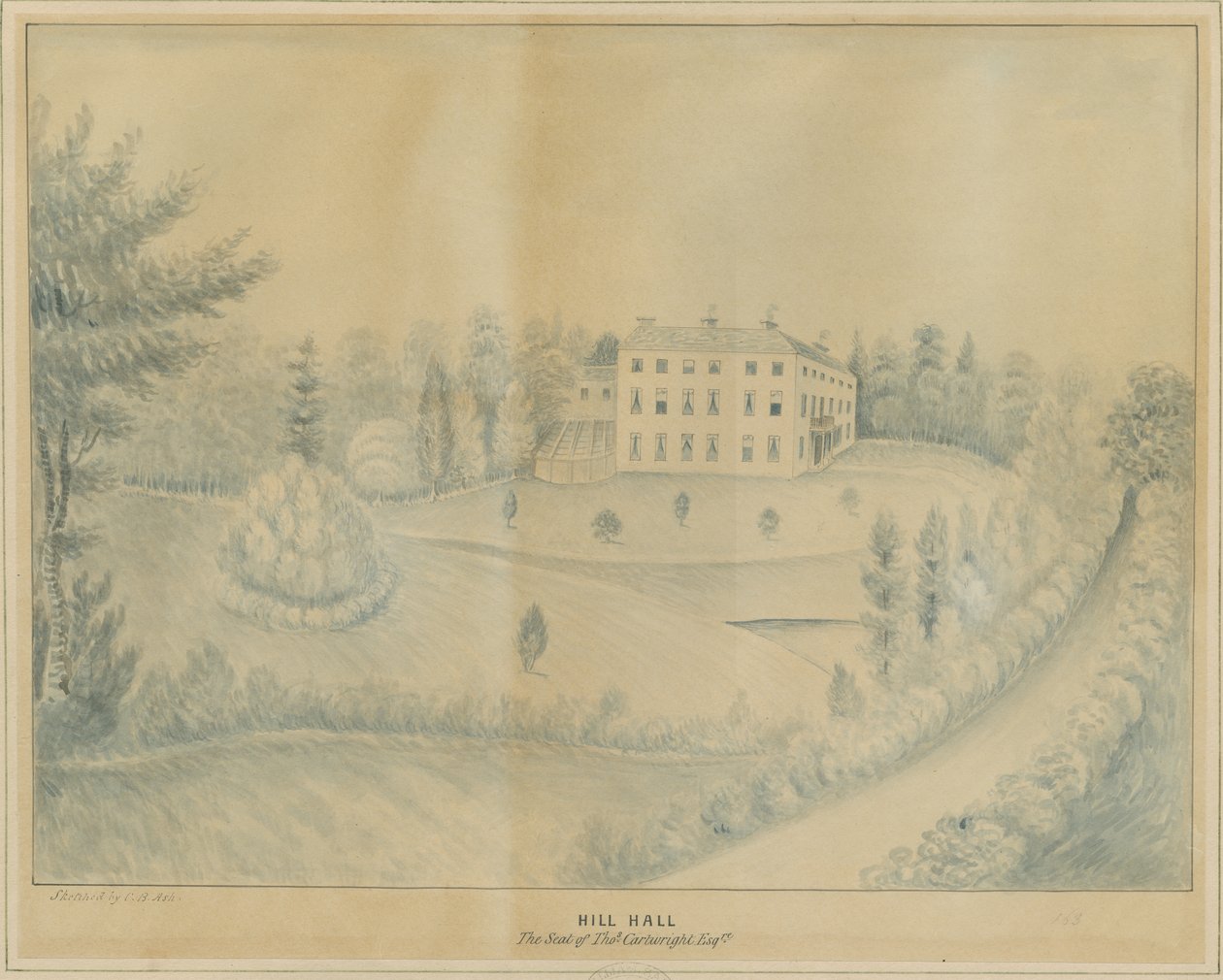 High Offley - Hill Hall: desenho a lápis e lavagem, nd [c 1840] de C.B Ash