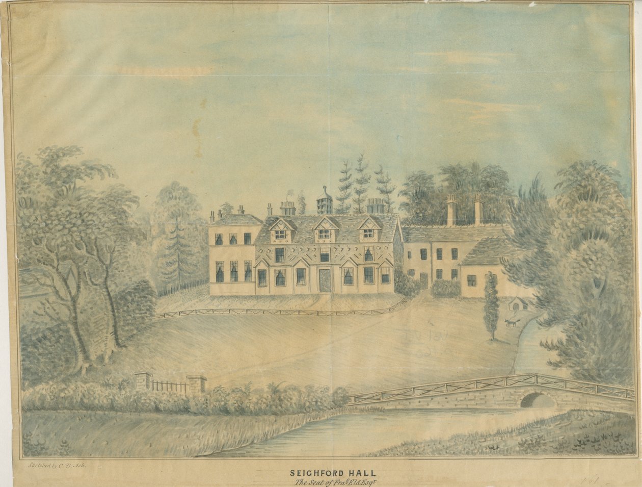 Seighford Hall: desenho colorido, nd [meados do século XIX] de C.B Ash