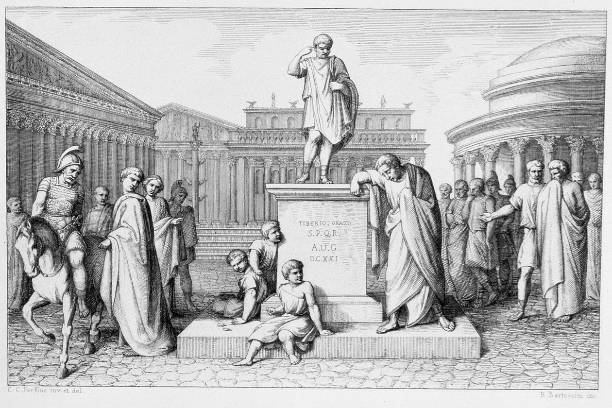 Gaius Gracchus Chorando diante da estátua de seu pai, gravada por B.Barloccini, 1849 de C.C Perkins