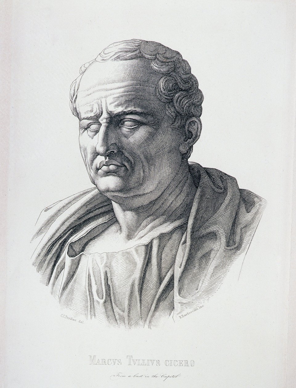 Retrato de Marco Túlio Cícero (106-43 aC) gravado por B.Bartoccini, 1849 de C.C Perkins