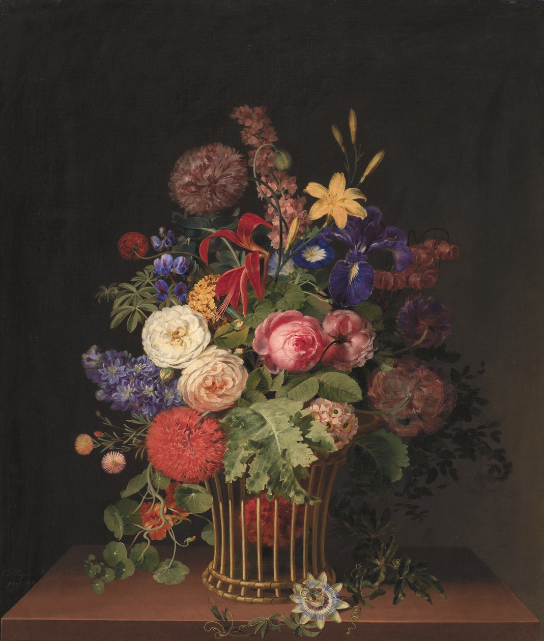 Uma cesta de cachimbo leve com flores de C.D. Fritzsch
