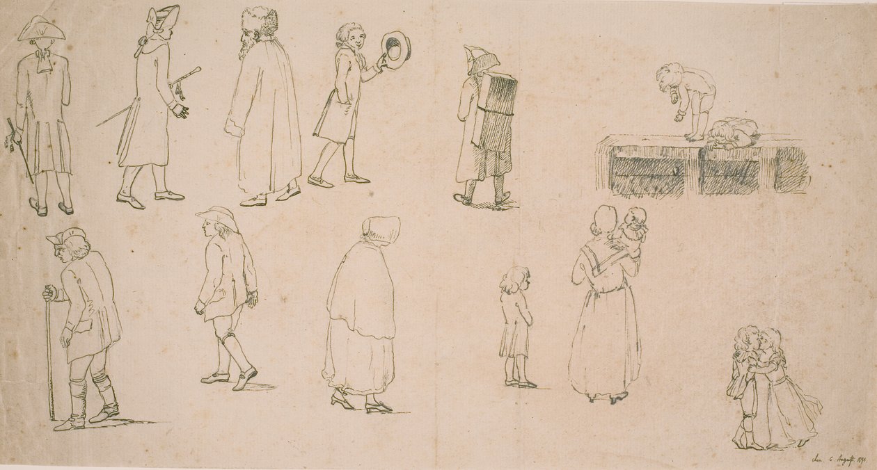 Várias figuras, incluindo 2 grupos com crianças brincalhonas e "pintor de retratos Hansen" de C.D. Fritzsch