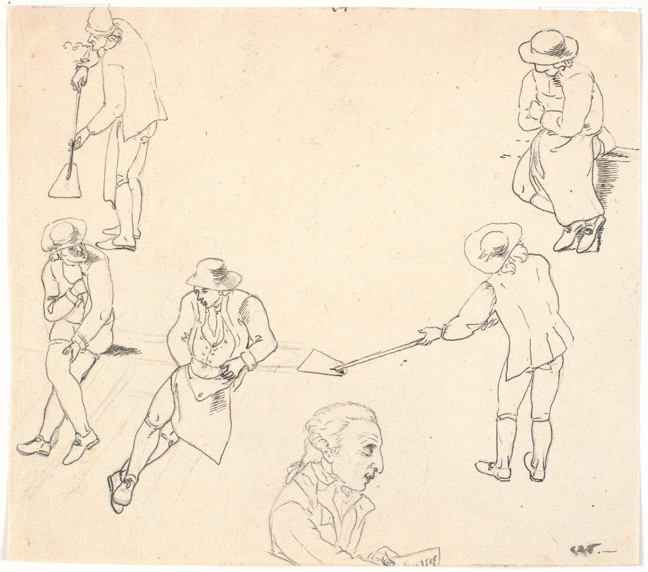 Esboço com seis figuras masculinas, duas com pás, três sentadas e um perfil masculino de C.D. Fritzsch