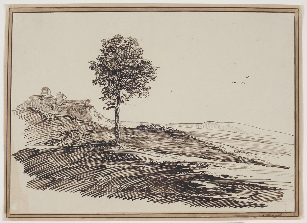 Paisagem montanhosa com árvores, ao fundo casas de C.F. von Rumohr