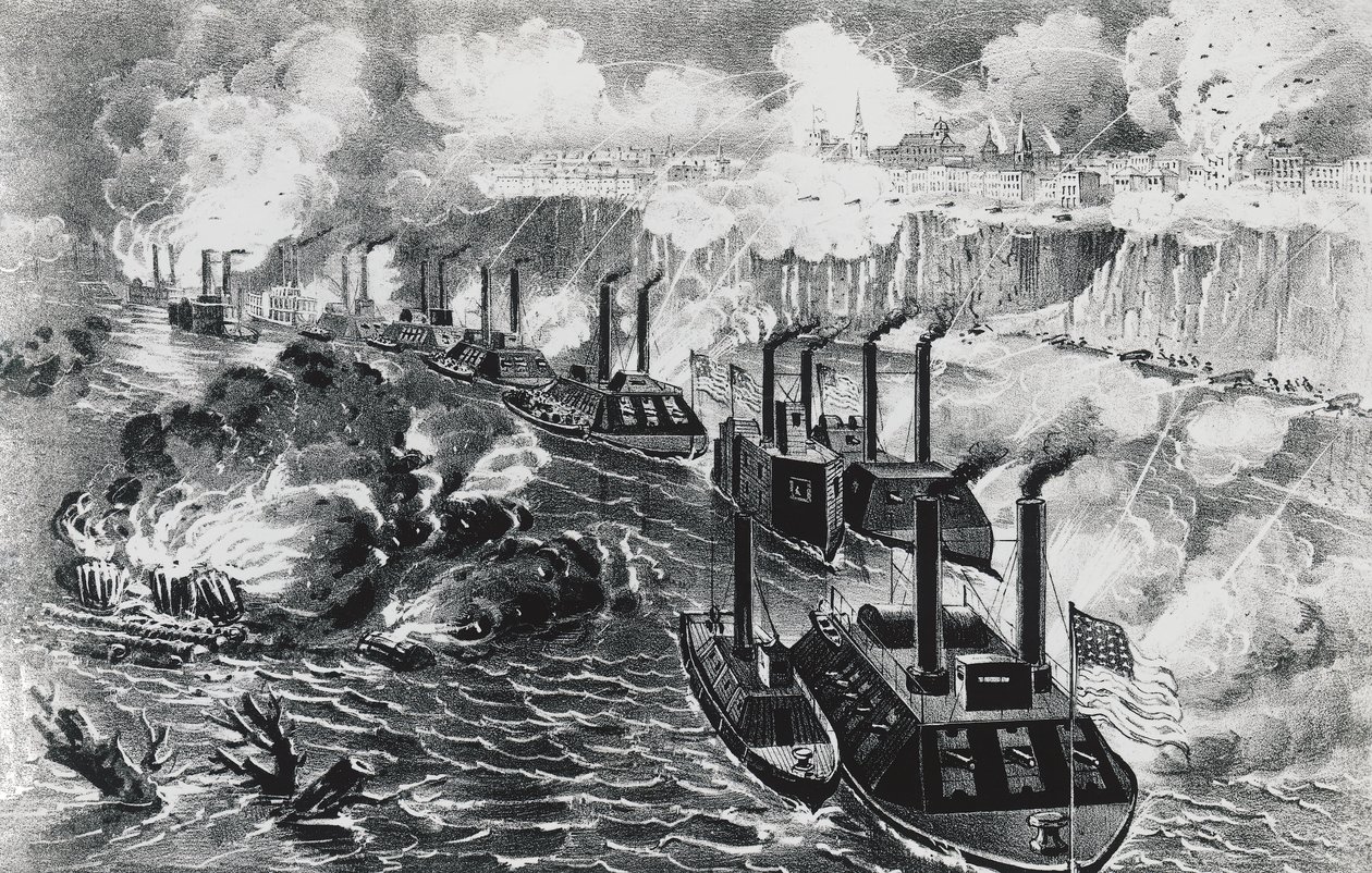 Frota do Almirante David Dixon Porter com bloqueio rebelde no Mississippi, em Vicksburg, 16 de abril de J.B. and Brown J. Rowbotham