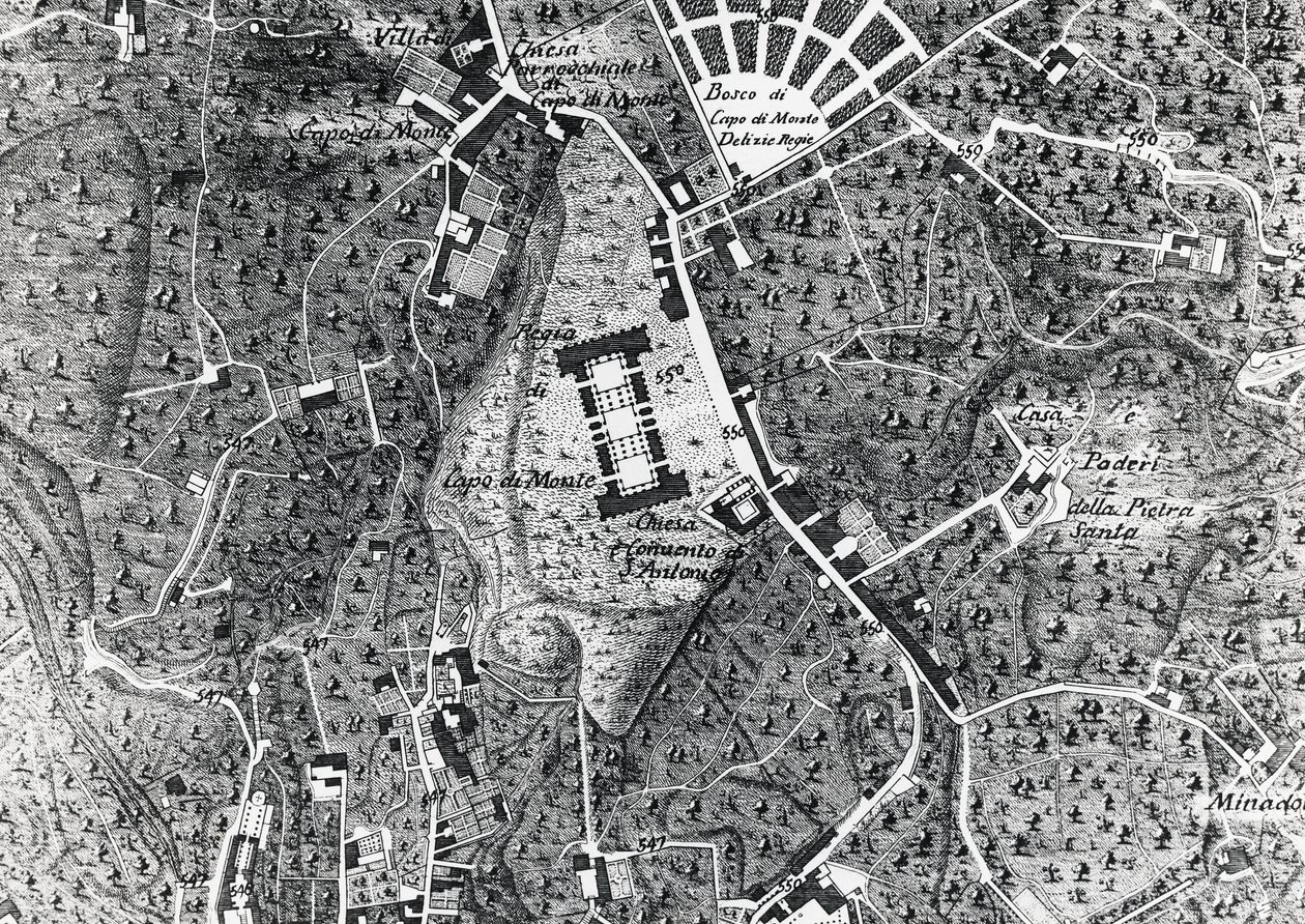 Mapa da cidade de Nápoles com Capodimonte, detalhe do mapa do Duque de Noja de J.B. and Brown J. Rowbotham