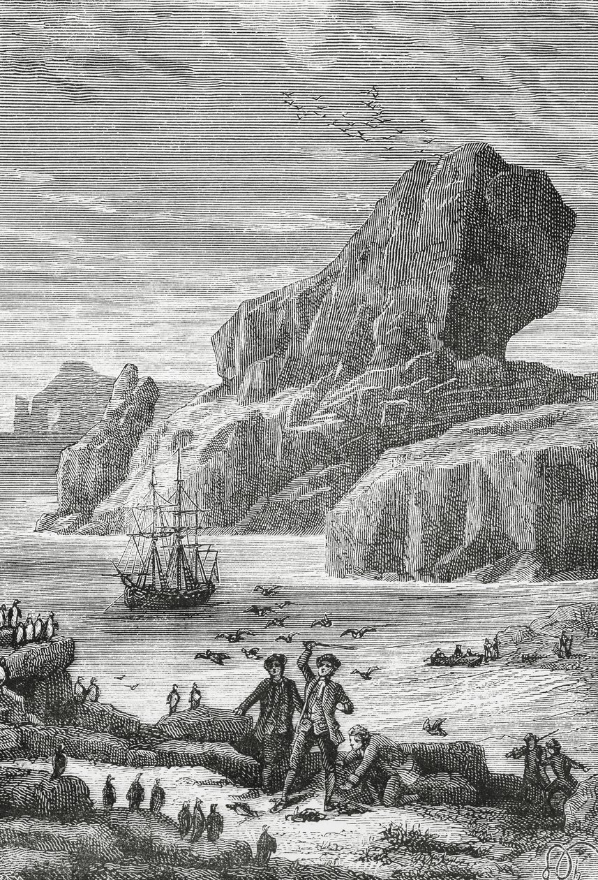 Descoberta da França Austral (Ilhas Kerguelen) pelo explorador francês Yves-Joseph de Kerguelen-Tremarec (1734-1797), Fevereiro de 1772, gravura, Oceano Índico, Território das Terras Austrais e Antárcticas Francesas de J.B. and Brown J. Rowbotham