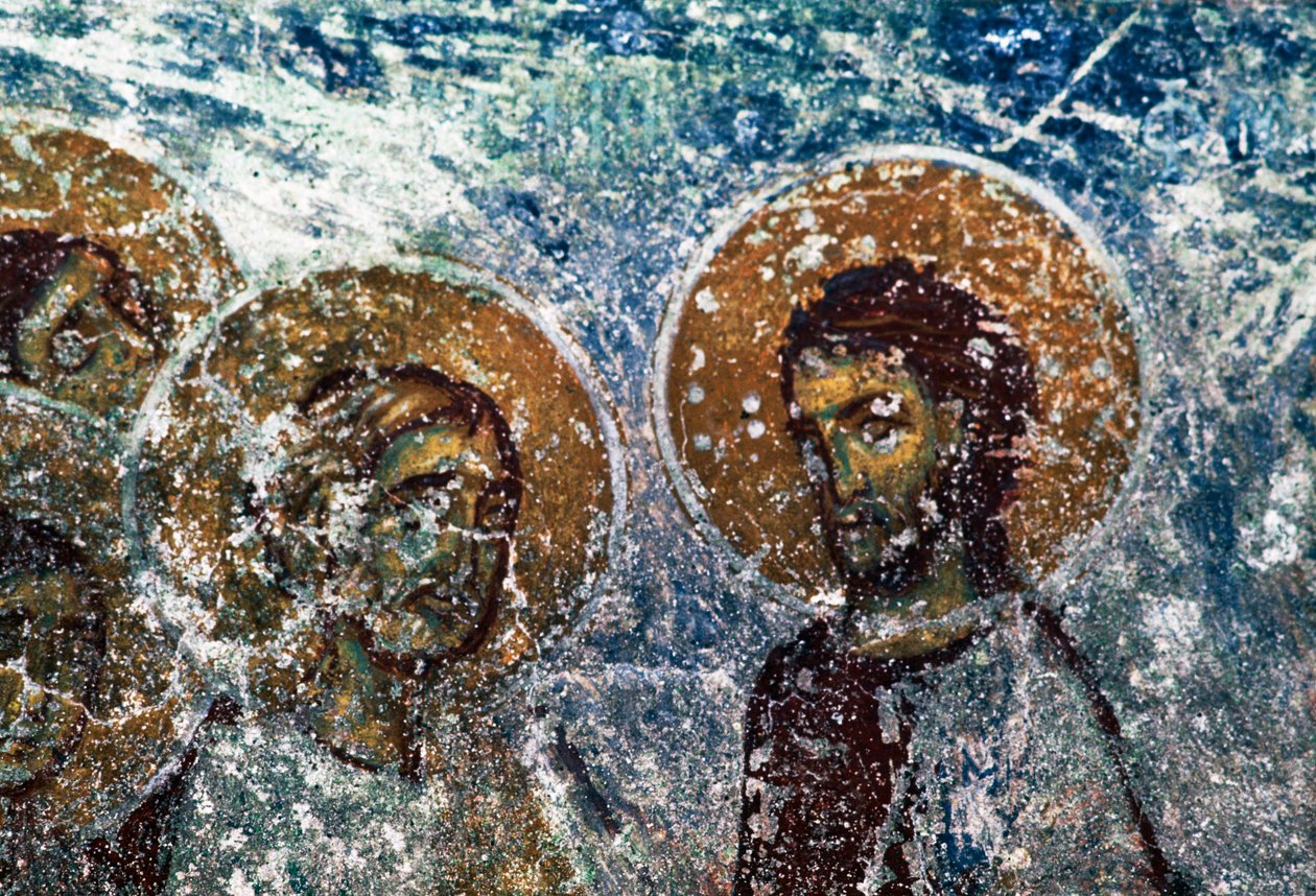 Figuras de santos, afresco na igreja de Taxiarhon, Old Pyli, ilha de Kos, Grécia (foto) de J.B. and Brown J. Rowbotham