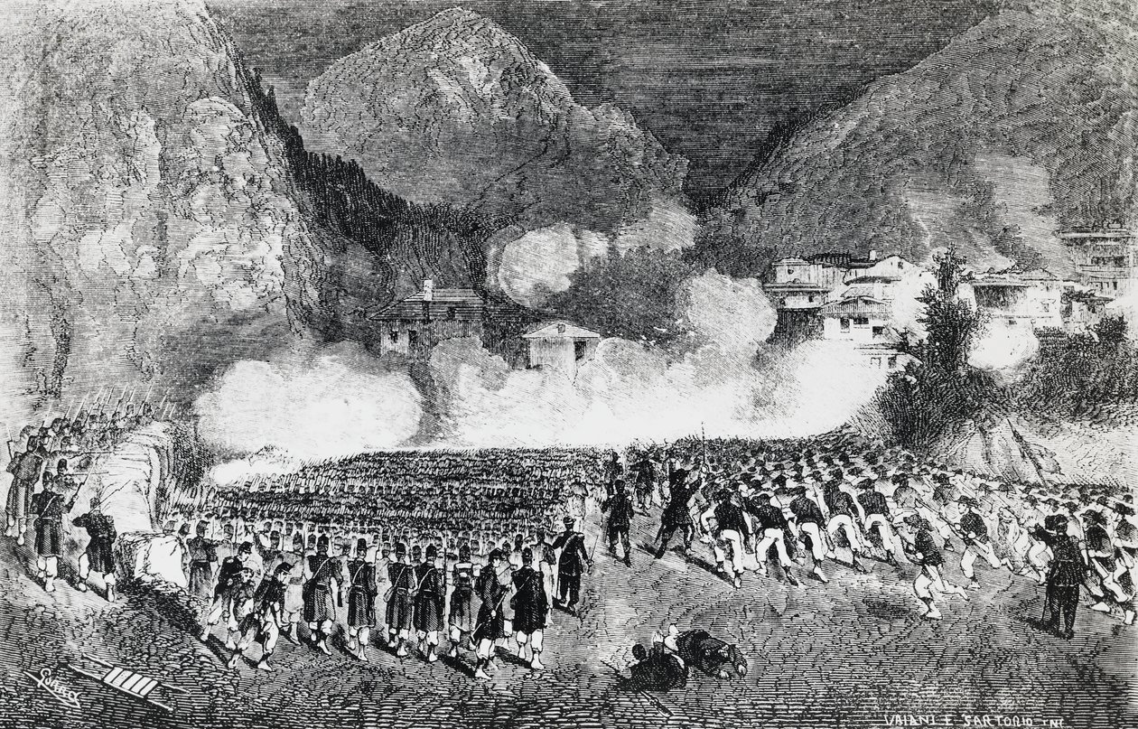 Divisão do General Giacomo Medici atacando Levico Terme, Trentino-Alto Adige, julho de 1866, Terceira Guerra da Independência, gravura, Itália de J.B. and Brown J. Rowbotham