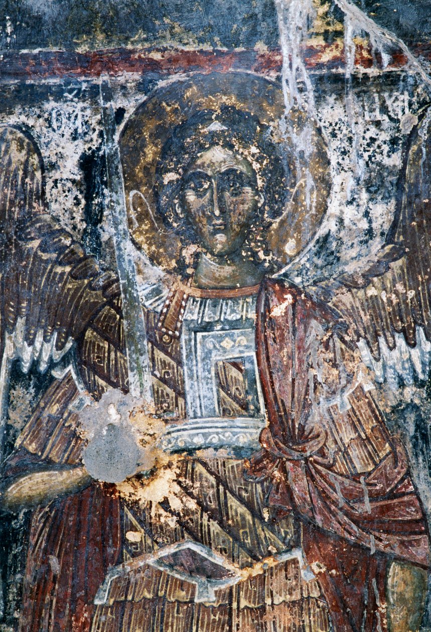 Cavalo, afresco danificado no teto da igreja de Agios Vasileios, Vavouledo, Creta, Grécia (foto) de J.B. and Brown J. Rowbotham