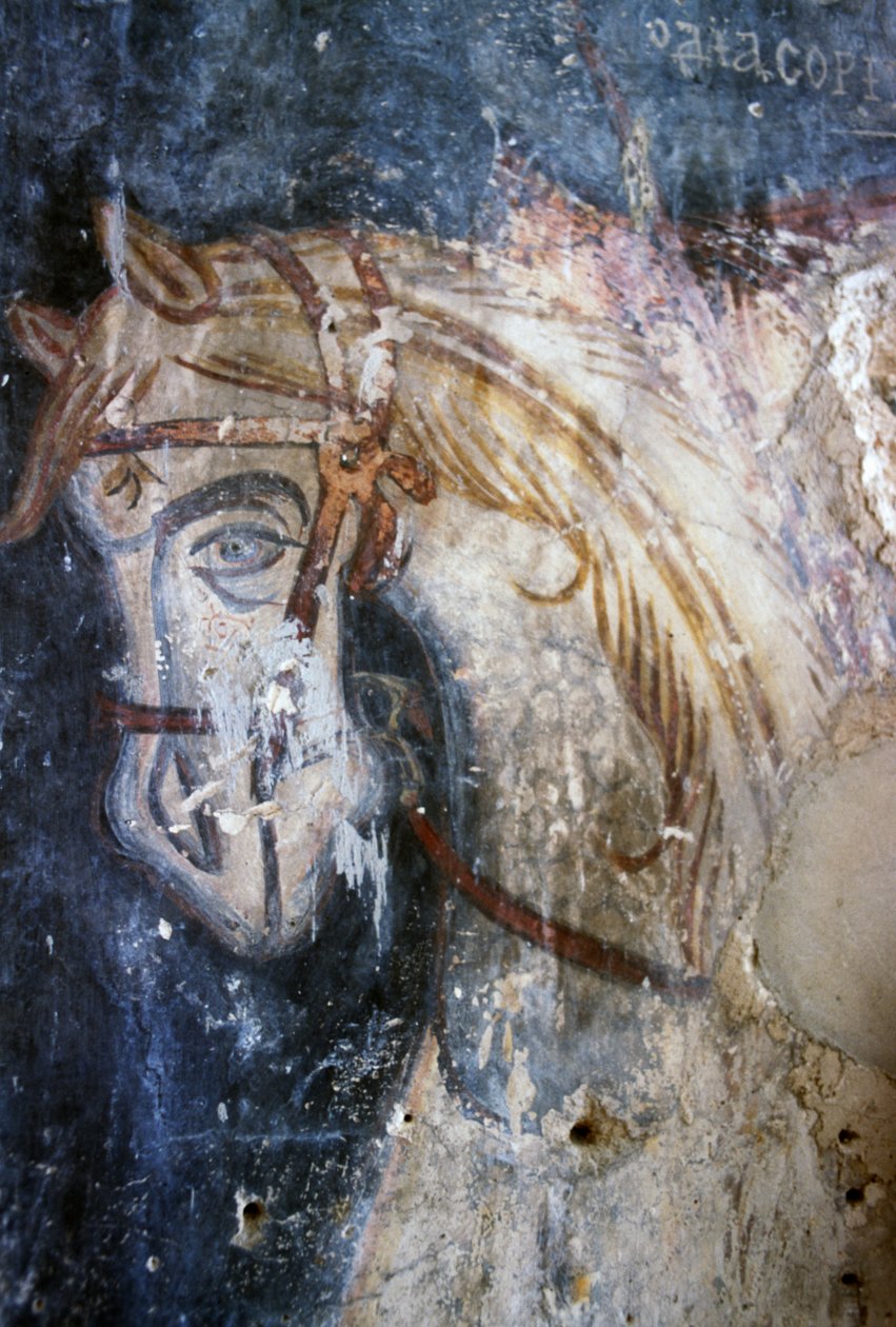 Cavalo, detalhe do afresco na Igreja de Agios Georgios, Vathiako, Creta, Grécia (foto) de J.B. and Brown J. Rowbotham