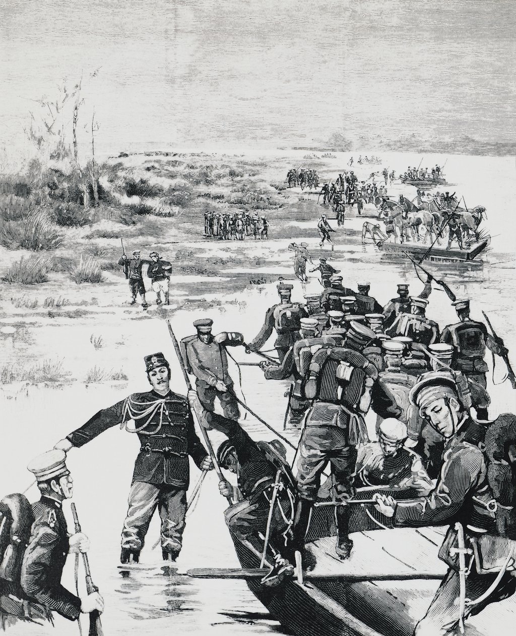 Tropas japonesas sob o comando de Yamagata Aritomo atravessando o rio Yalu de J.B. and Brown J. Rowbotham