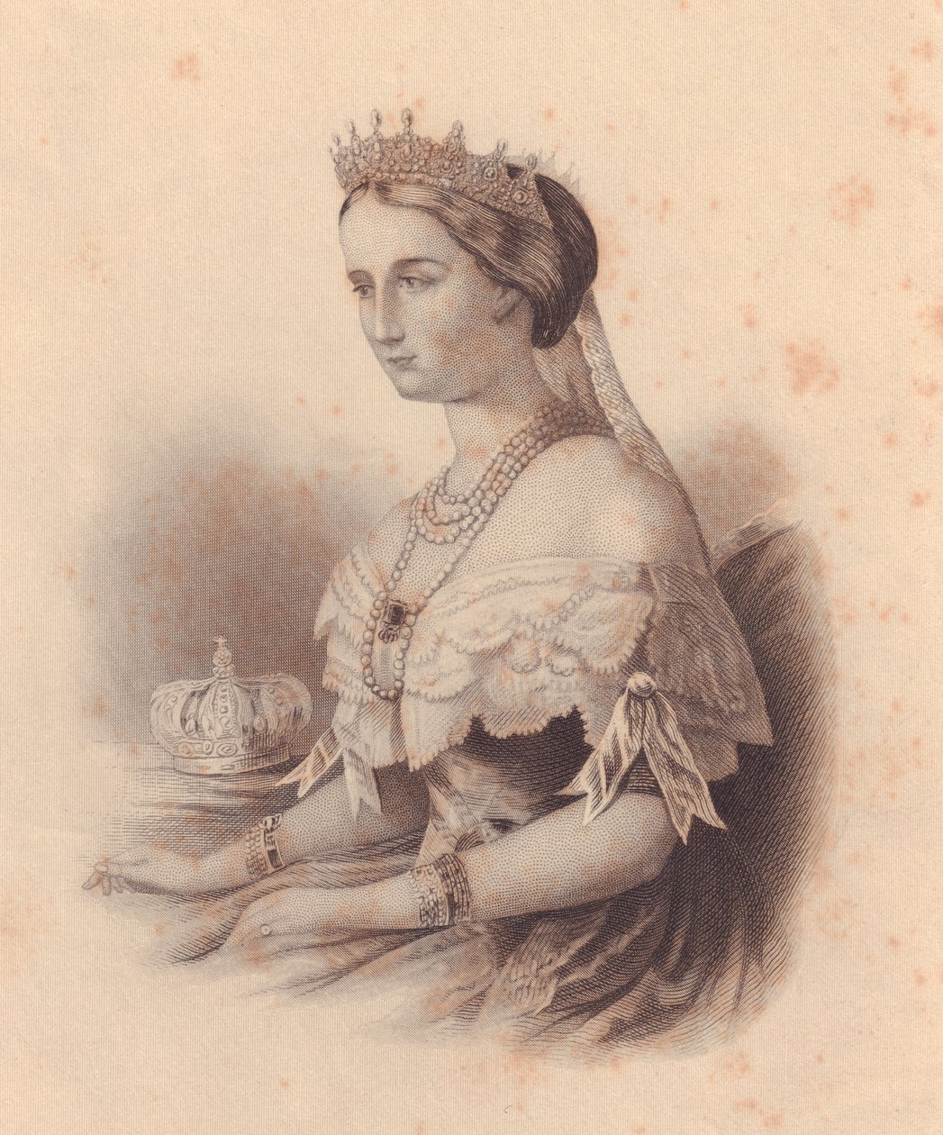 Retrato de Eugenia de Montijo de Guzman (1826-1920), Imperatriz da França, esposa de Napoleão III Bonaparte, gravura de W Wellstood, do Repositório das Mulheres, Estados Unidos, por volta de 1870 de J.B. and Brown J. Rowbotham