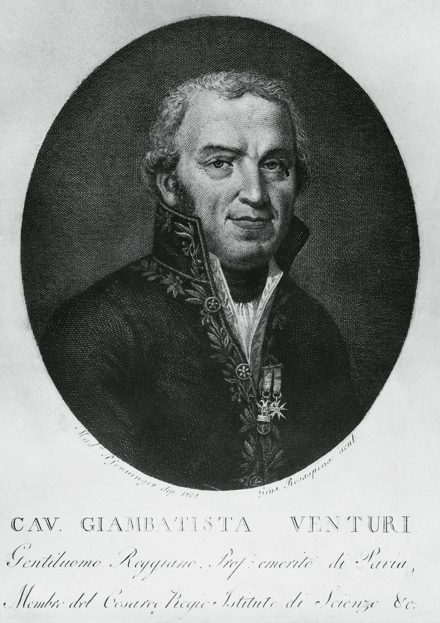 Retrato de Giovanni Battista Venturi (1746-1822), físico italiano, diplomata, historiador da ciência e descobridor do efeito Venturi, gravura de J.B. and Brown J. Rowbotham
