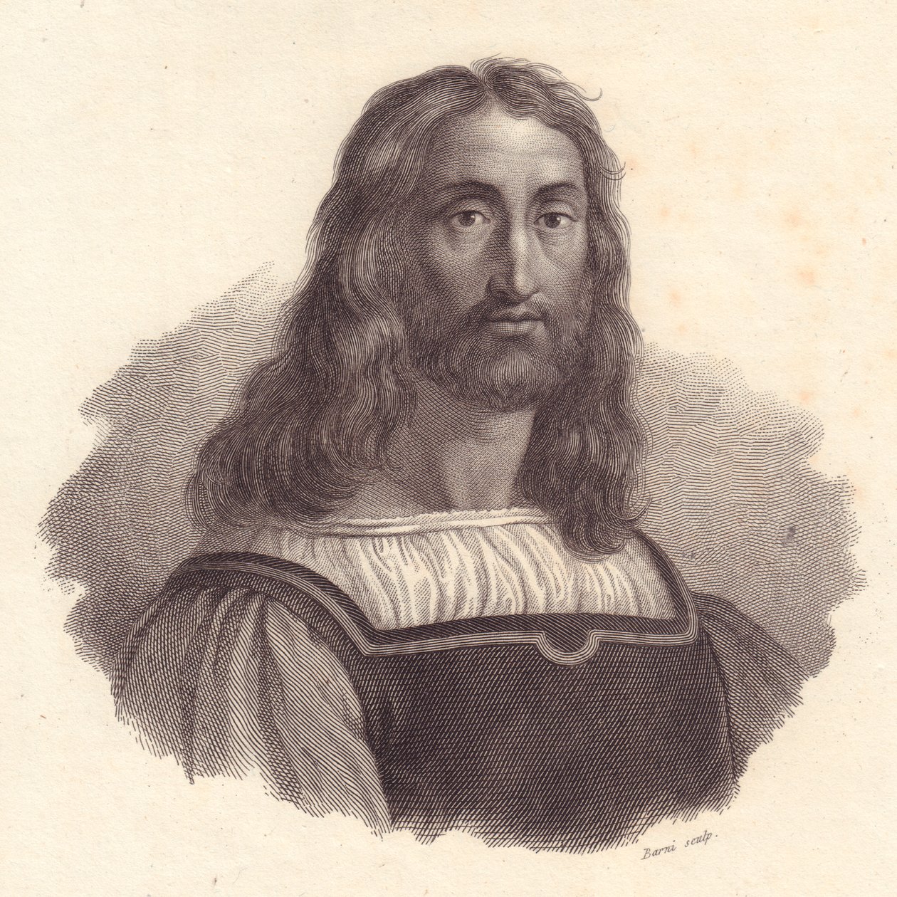 Retrato do gravador italiano Marcantonio Raimondi (1480-1534), gravura em cobre de Barni de pintura de Raffaello Sanzio de J.B. and Brown J. Rowbotham