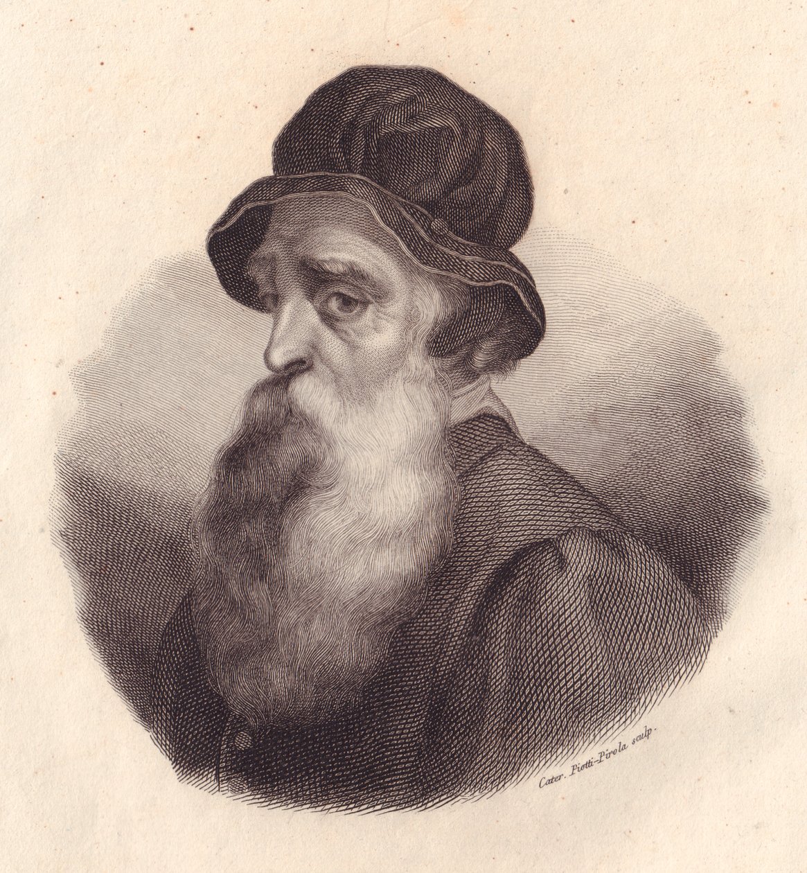 Retrato do escultor e ourives italiano Benvenuto Cellini (1500-1571), gravura em cobre de Caterina Piotti-Pirola de pintura de Giorgio Vasari de J.B. and Brown J. Rowbotham