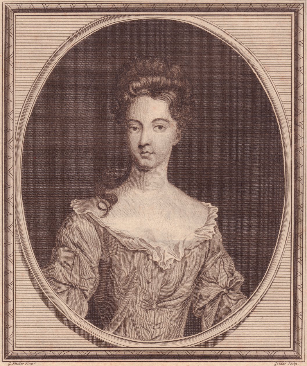 Retrato de Margaret Cecil, Condessa de Ranelagh (1672 ou 1673-1728), gravura em cobre de John Goldar (1729-1795) de pintura de G Kneller de J.B. and Brown J. Rowbotham
