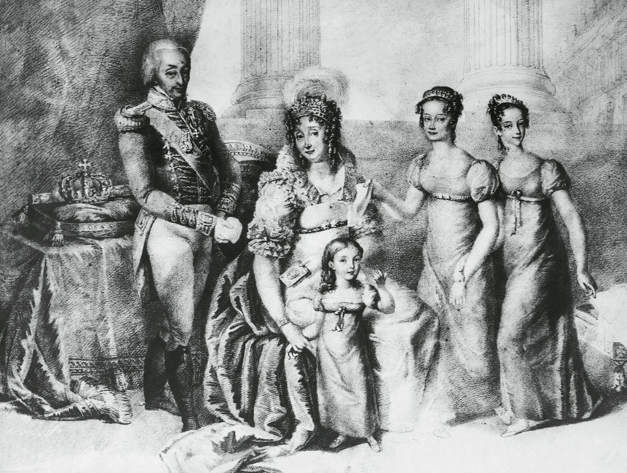 Retrato de Victor Emmanuel I, Rei da Sardenha e Duque da Sabóia, Piemonte e Aosta, com sua esposa Maria Teresa da Áustria-Este e suas filhas, Maria Teresa da Sabóia (1803-1879), Maria Anna da Sabóia e Maria Cristina da Sabóia, gravura de J.B. and Brown J. Rowbotham
